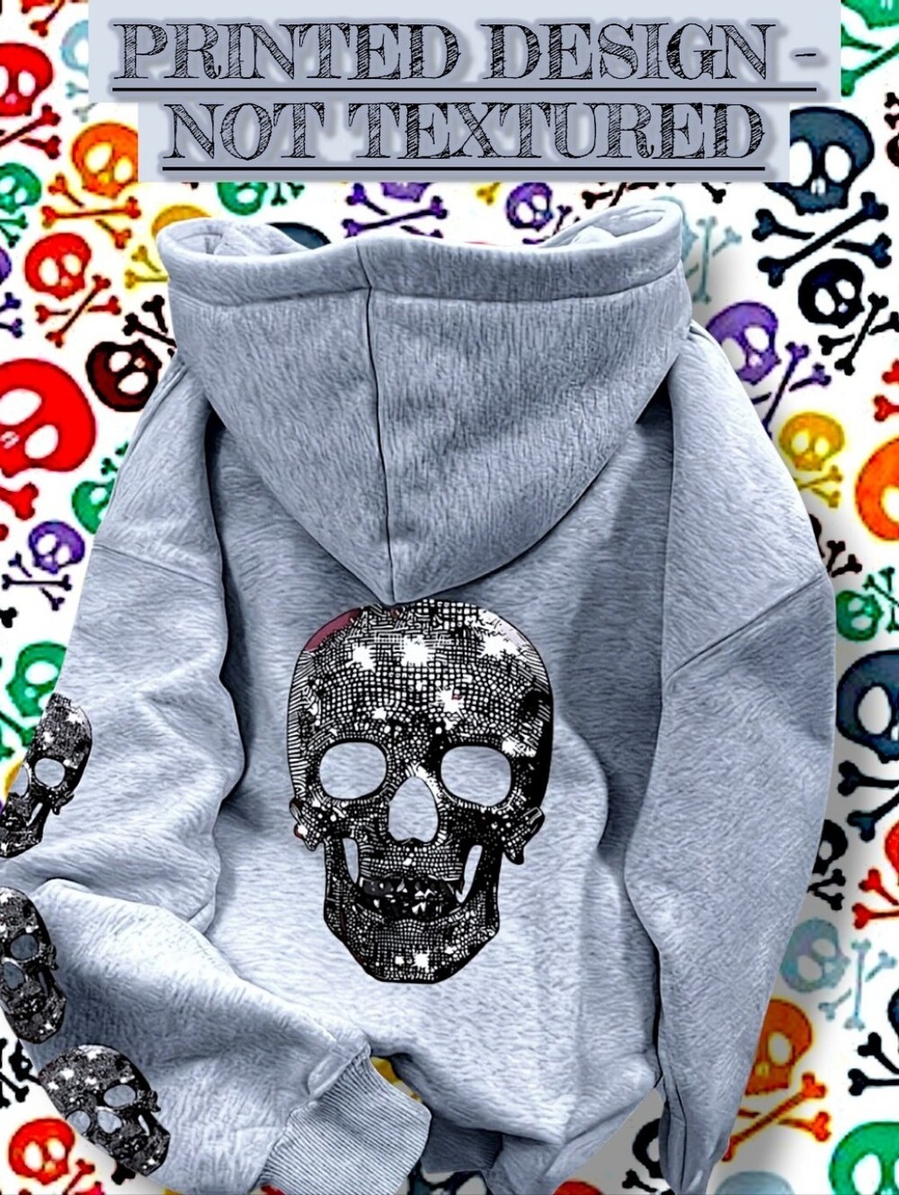 Women's Skull Pattern Printed Casual Fleece-Lined Pullover Hoodie in Gray Sz XXL - Picture 3 of 13